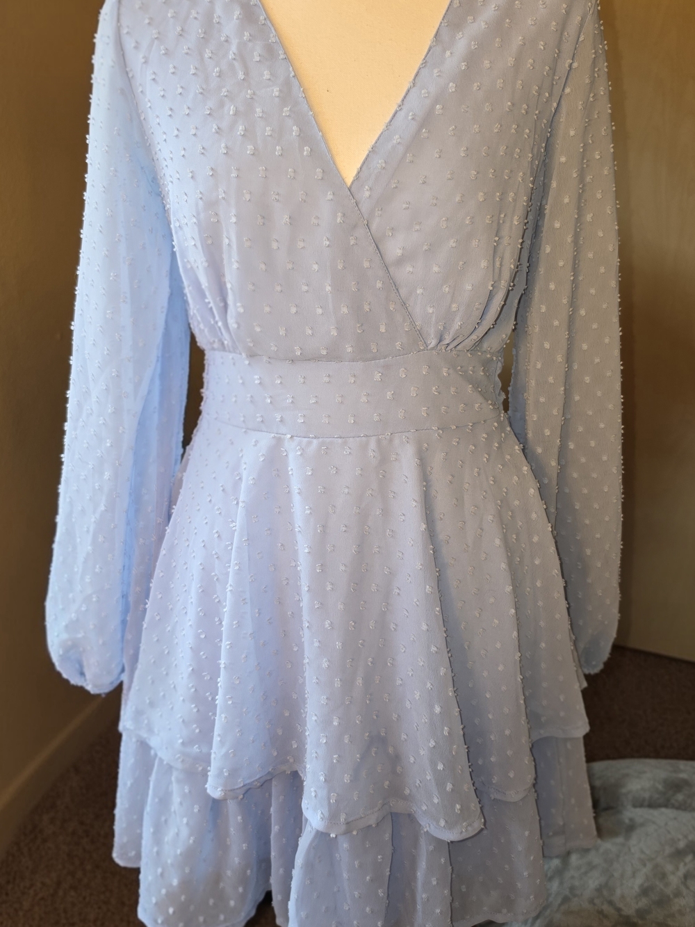 Japna Light Blue Swiss Dot Long Sleeve Faux Wrap Tiered Mini Dress Size S